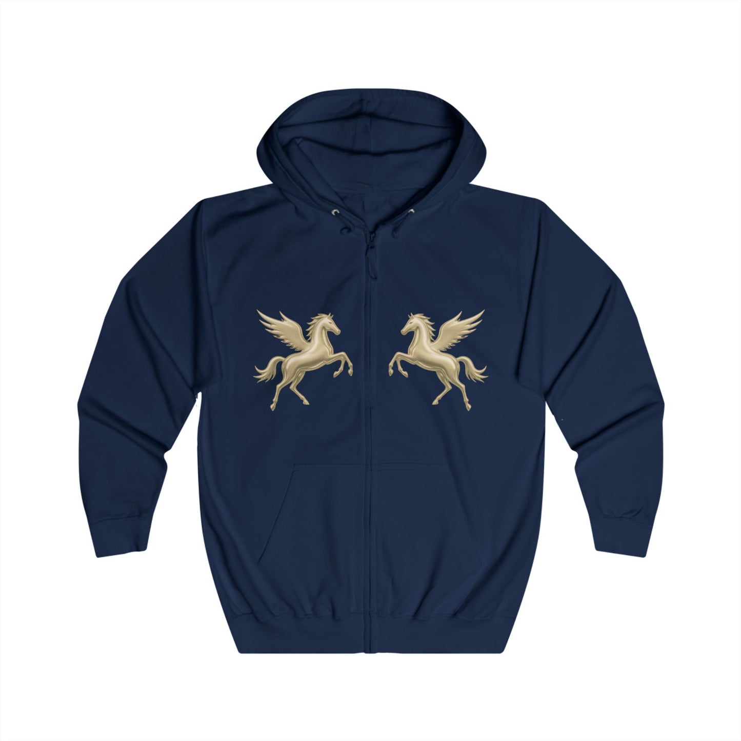 A Navy blue zip-up hoodie with two gold Pegasus designs printed on the chest, Melammu liquid gold on the back.