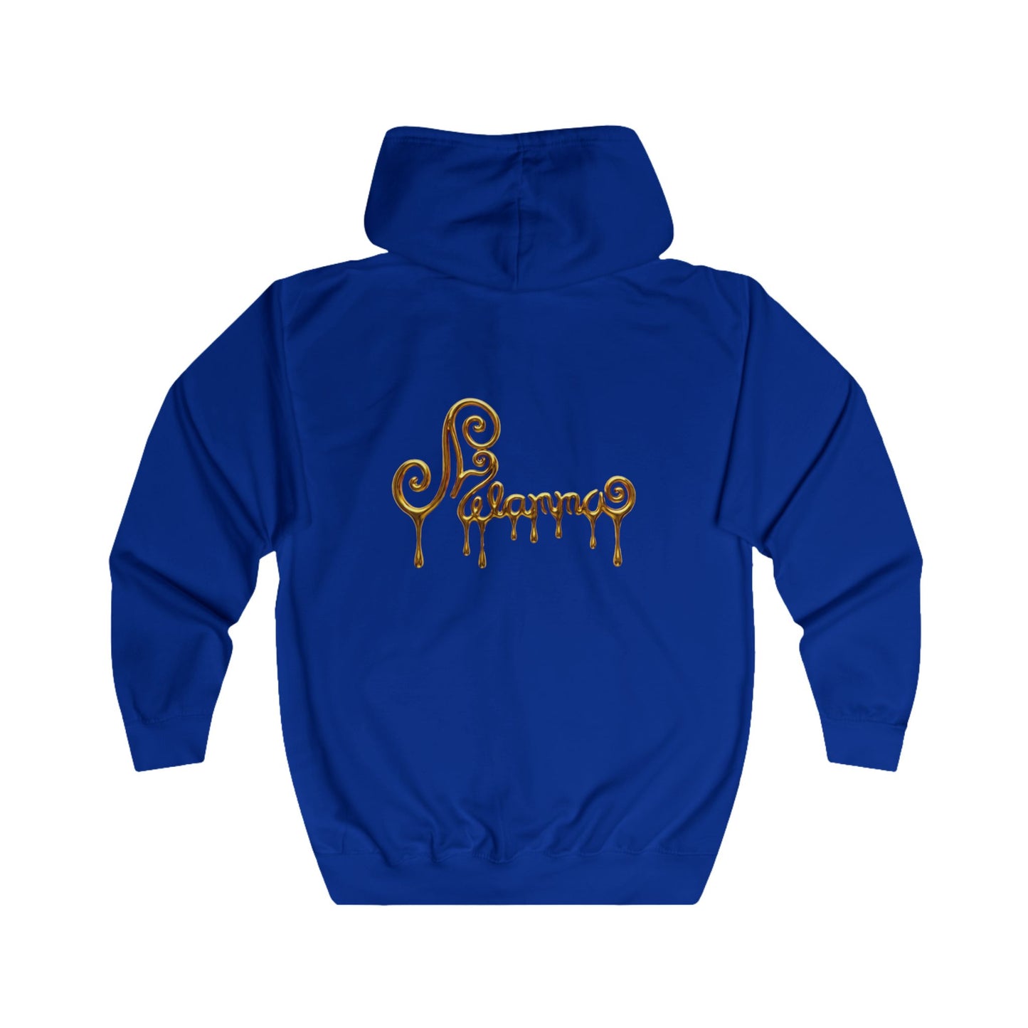 A royal blue hoodie shown from the back, featuring a metallic gold 'Sicanno' script graphic with a dripping effect across the upper back.