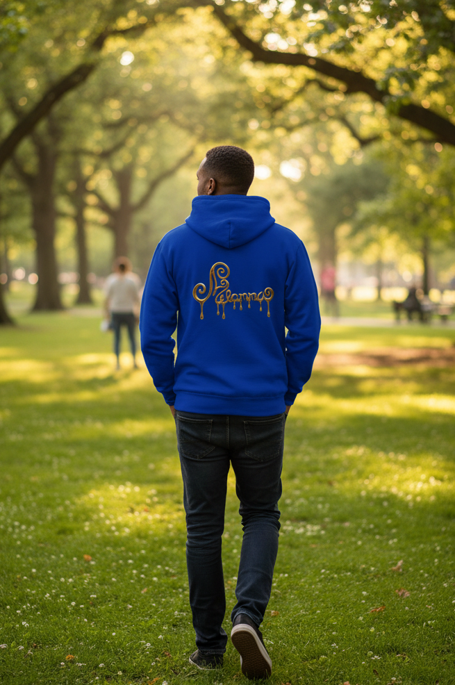 A royal blue zip-up hoodie with two gold Pegasus designs printed on the chest and Melammu gold drip back logo
