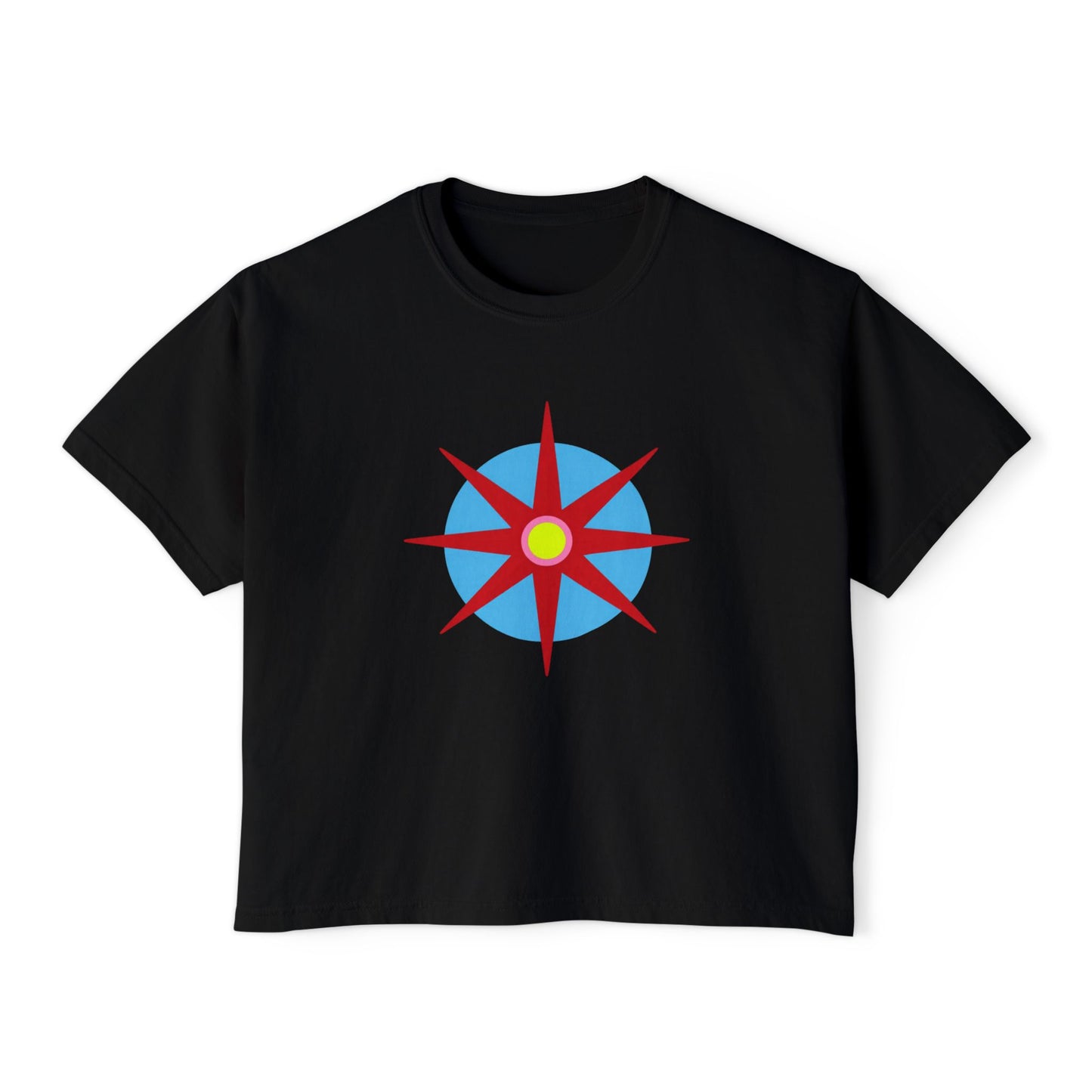 Melammu 8-point star boxy tee in black — red 8-point star on a light blue circle with yellow centre on the front, white Melammu logo on back