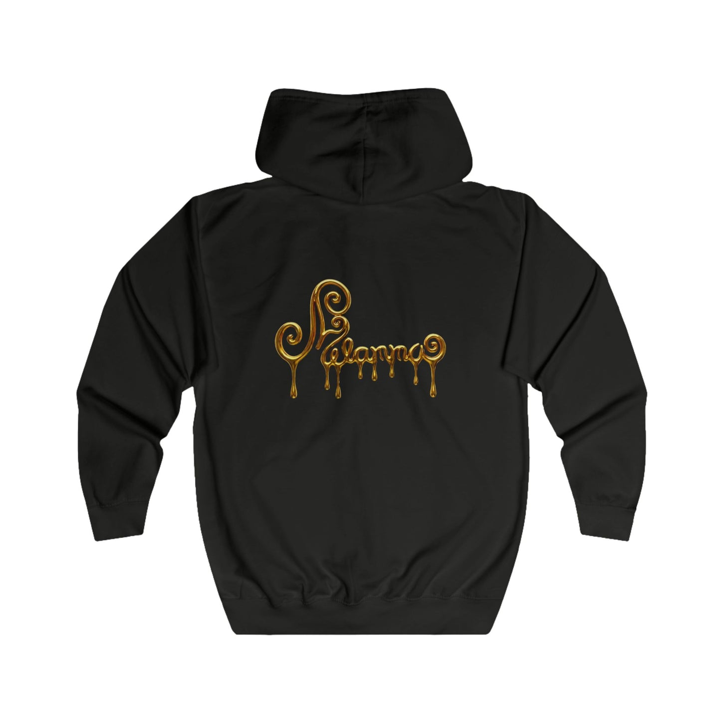 A black zip-up hoodie with two gold Pegasus designs printed on the chest and Melammu gold drip back logo