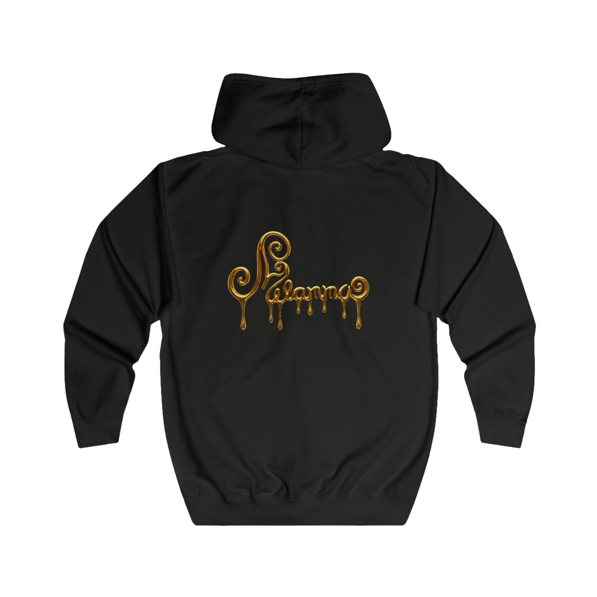A black zip-up hoodie with two gold Pegasus designs printed on the chest and Melammu gold drip back logo