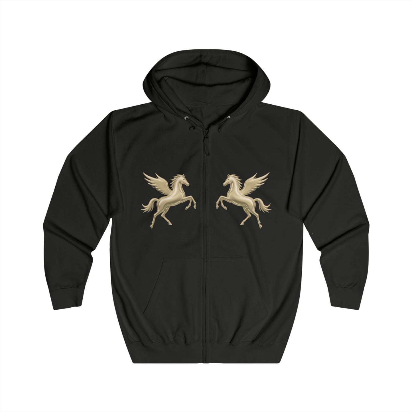 A black zip-up hoodie with two gold Pegasus designs printed on the chest and Melammu gold drip back logo
