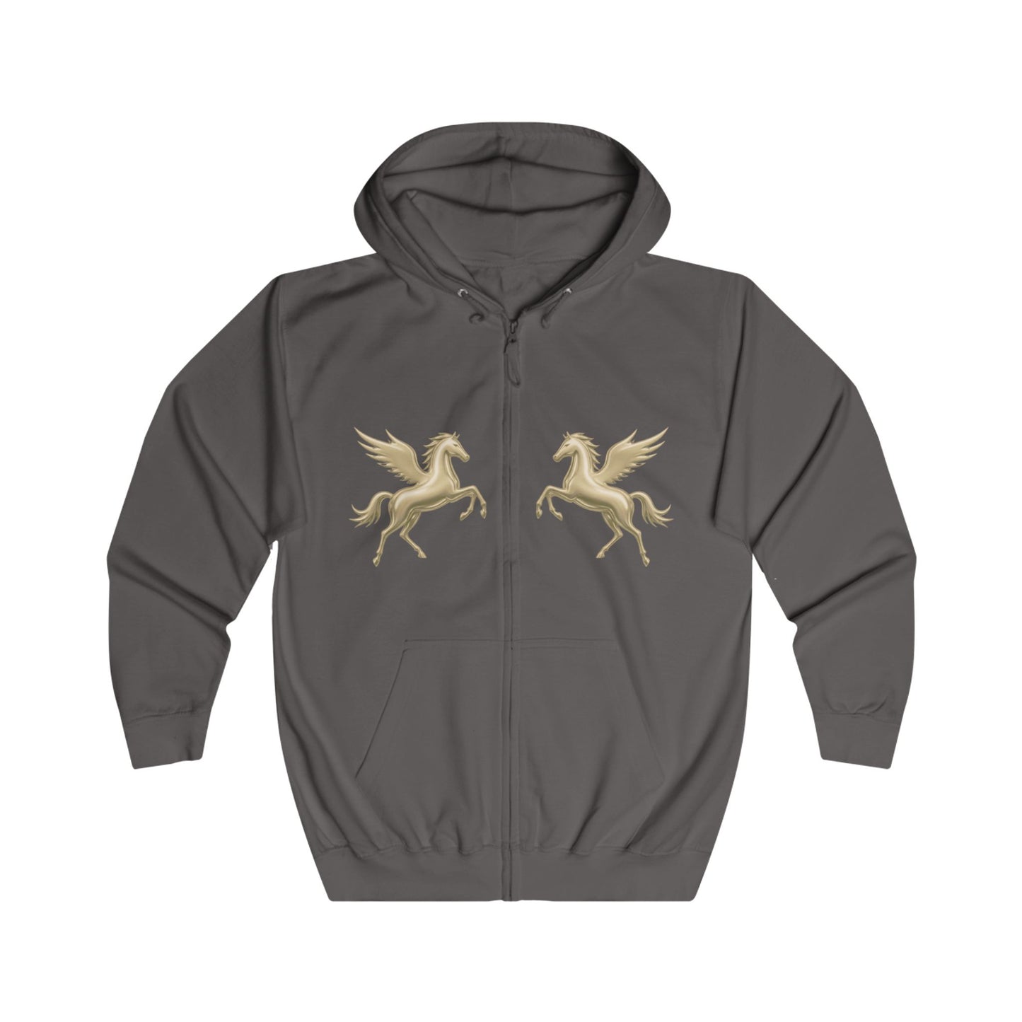 A dark grey zip-up hoodie with two gold Pegasus designs printed on the chest and Melammu gold drip back logo
