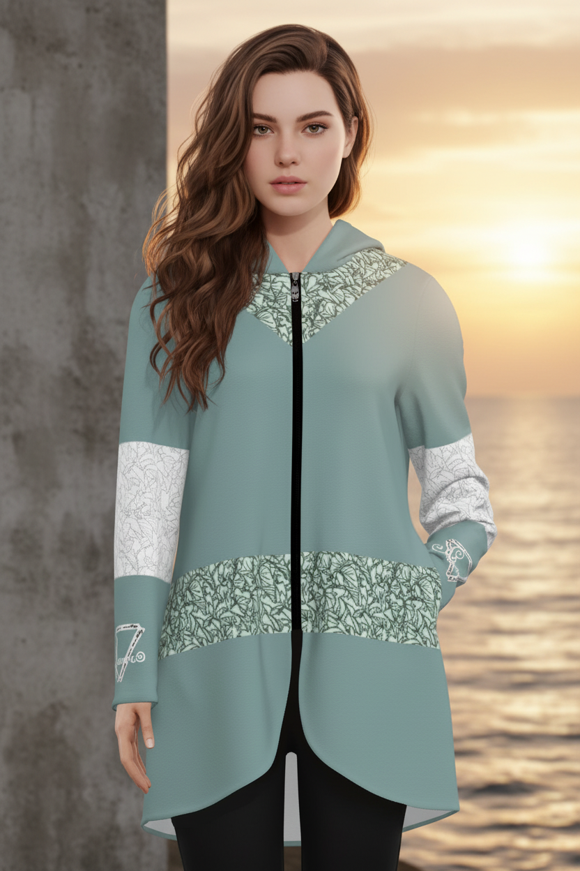 Melammu light petroleum blue and leaf line print Long Cardigan with hood