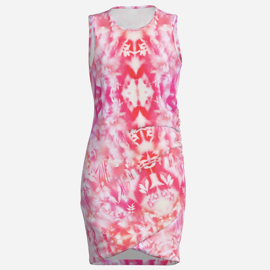Trending designer ruched dress with bold botanical print and Melammu logo on back wearable art chic cool sophisticated unique