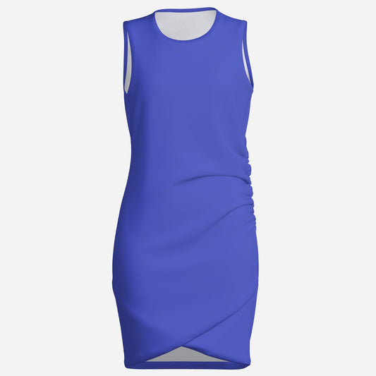 Melammu royal blue sleeveless ruched dress — sexy bold cool designer piece with logo on the back
