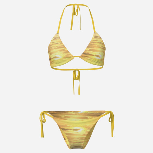 viral ultra cool chic sunset golden string bikini sky clouds unique designer Melammu yellow brown ethereal trending fashion sunny vibe