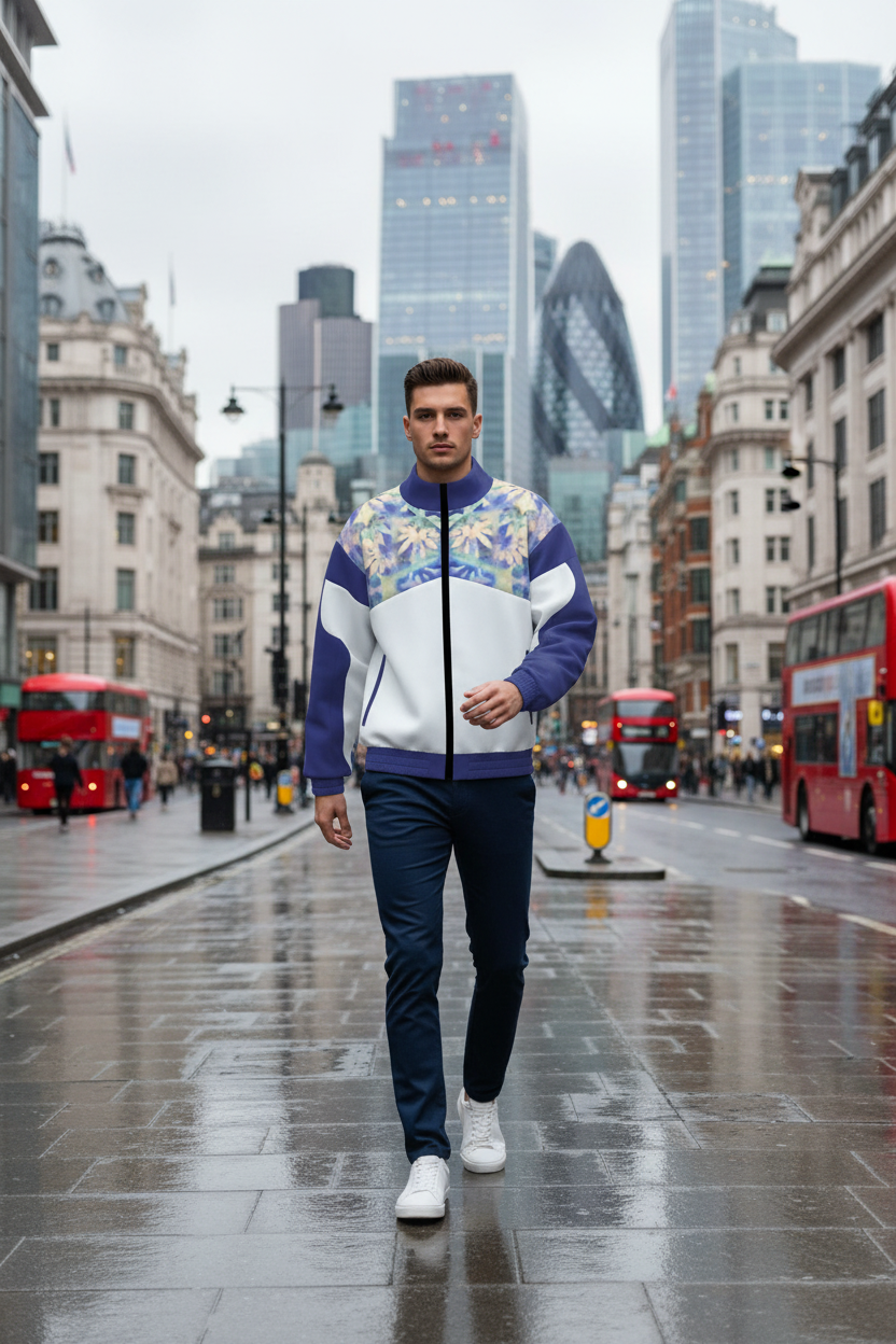 Melammu navy and white raglan jacket with botanical detail