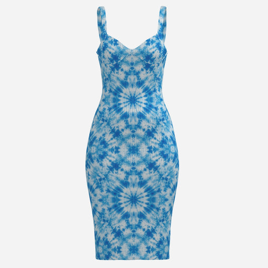 sophisticated Melammu sky blue geometric tie-dye print Women's dress designer cool trendy viral stunning sexy