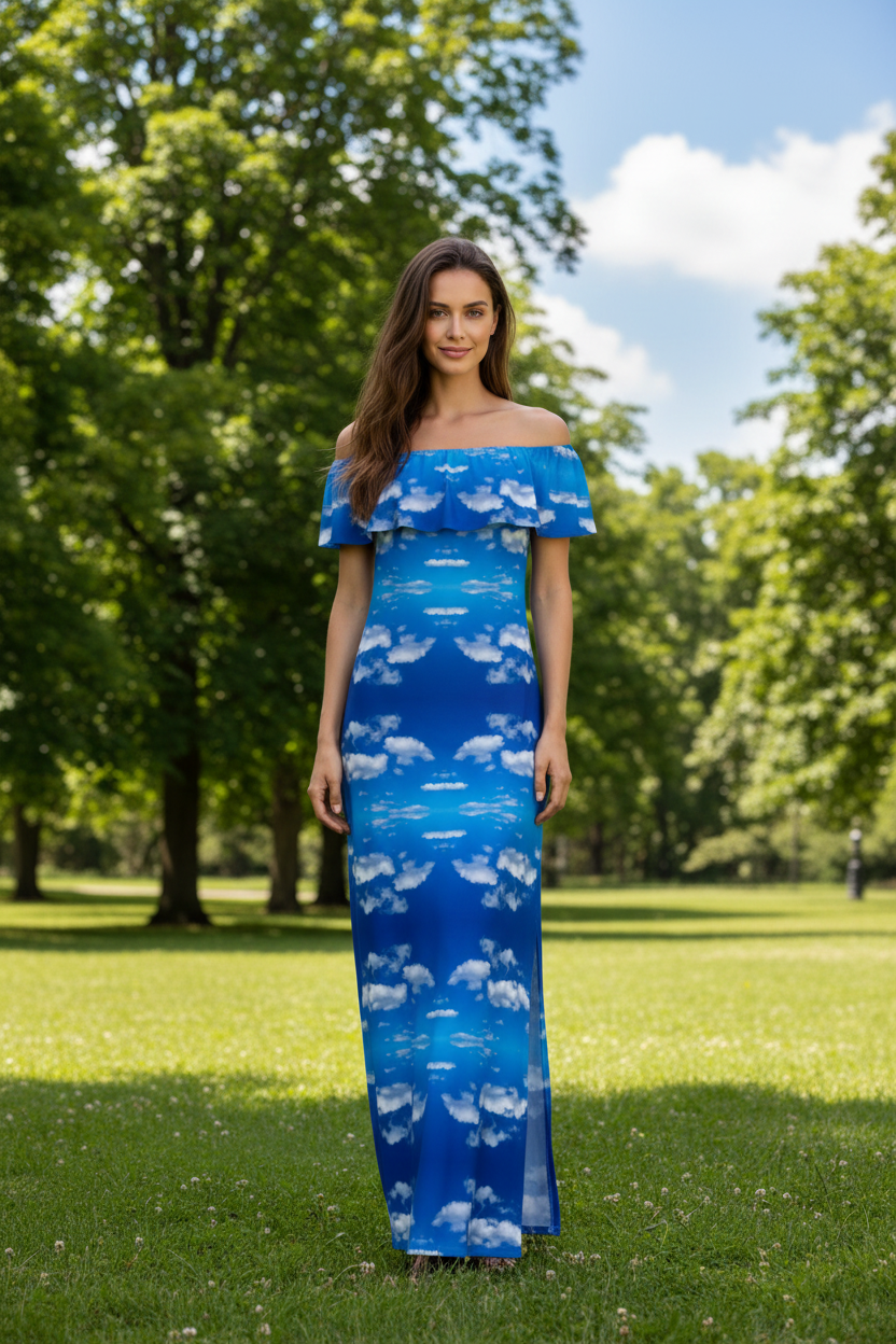 Melammu blue and white geometric cloud dress