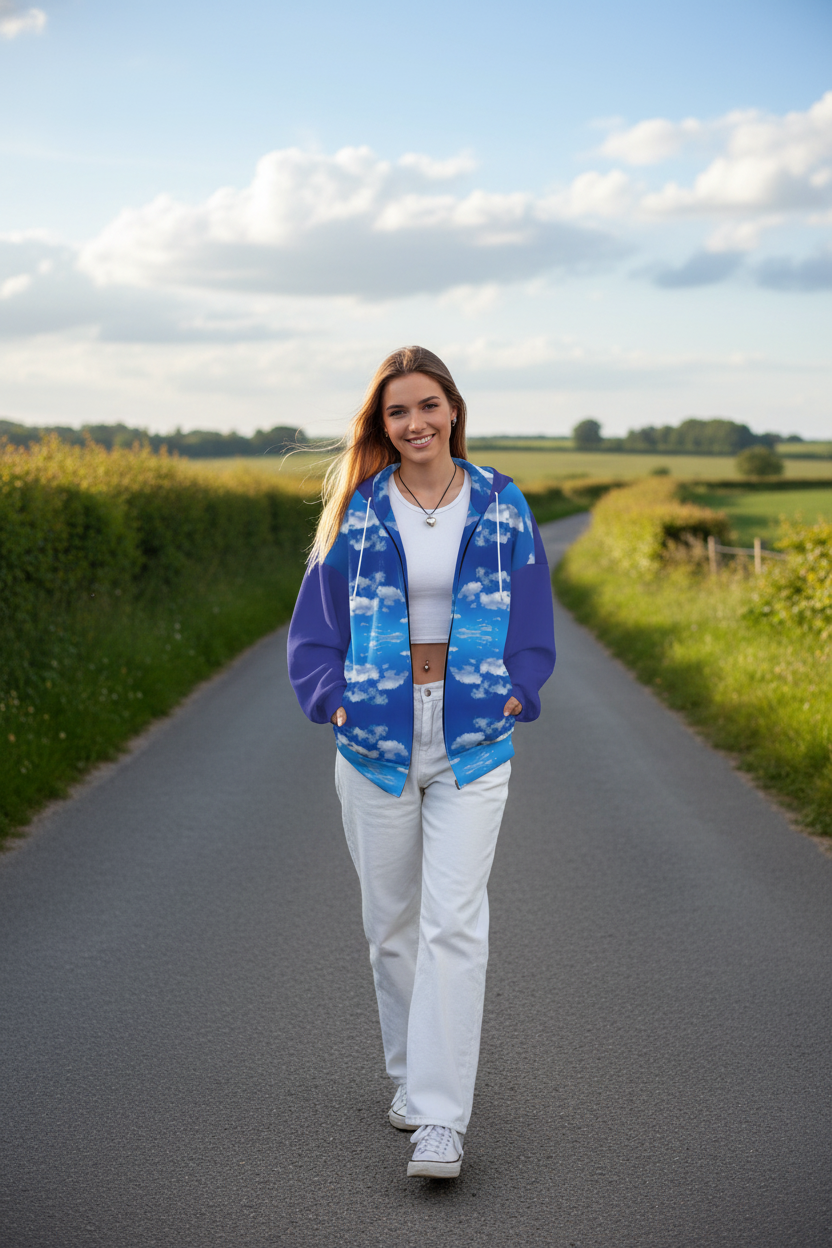 Melammu navy and blue geometric cloud hoodie with zip and pockets