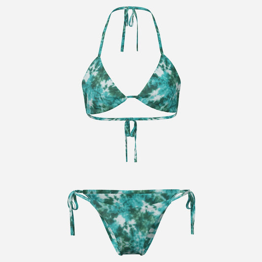 Melammu racing green turquoise tie-dye string bikini with asymmetric print wearable art bold stylish Cool trendy viral edgy