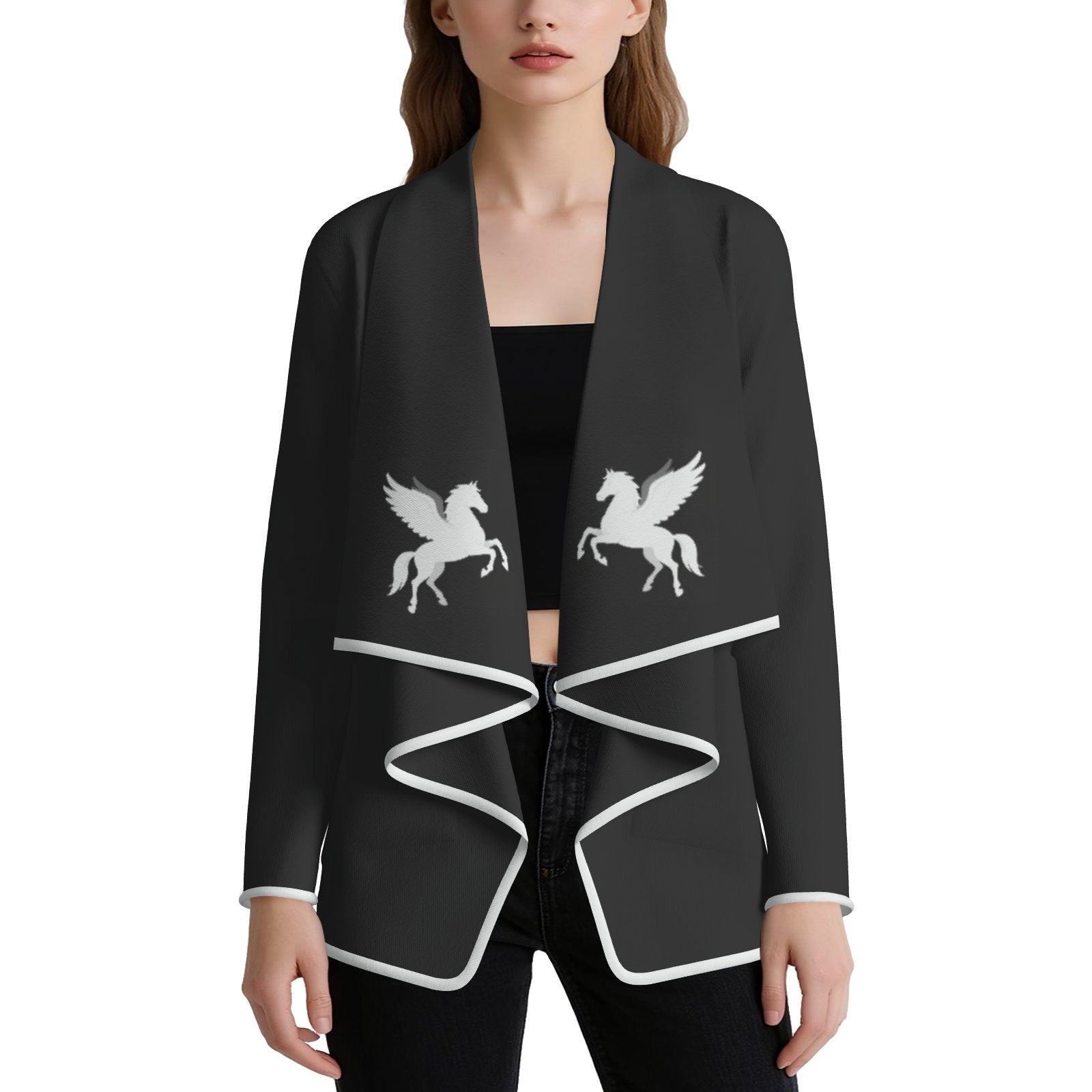 pegasus fashion cardigan designer unique black & white wearable art with mirror Pegasus motif, zig-zag white trim  Melammu logo exclusive chic