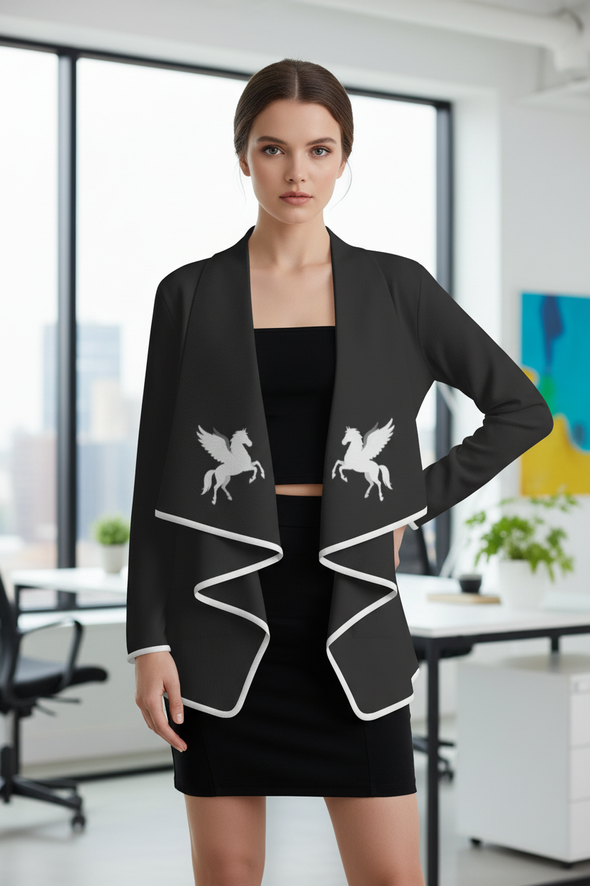 pegasus fashion cardigan designer unique black & white wearable art with mirror Pegasus motif, zig-zag white trim  Melammu logo exclusive chic