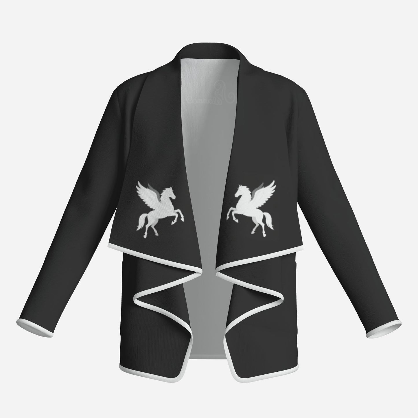 pegasus fashion cardigan designer unique black & white wearable art with mirror Pegasus motif, zig-zag white trim  Melammu logo exclusive chic