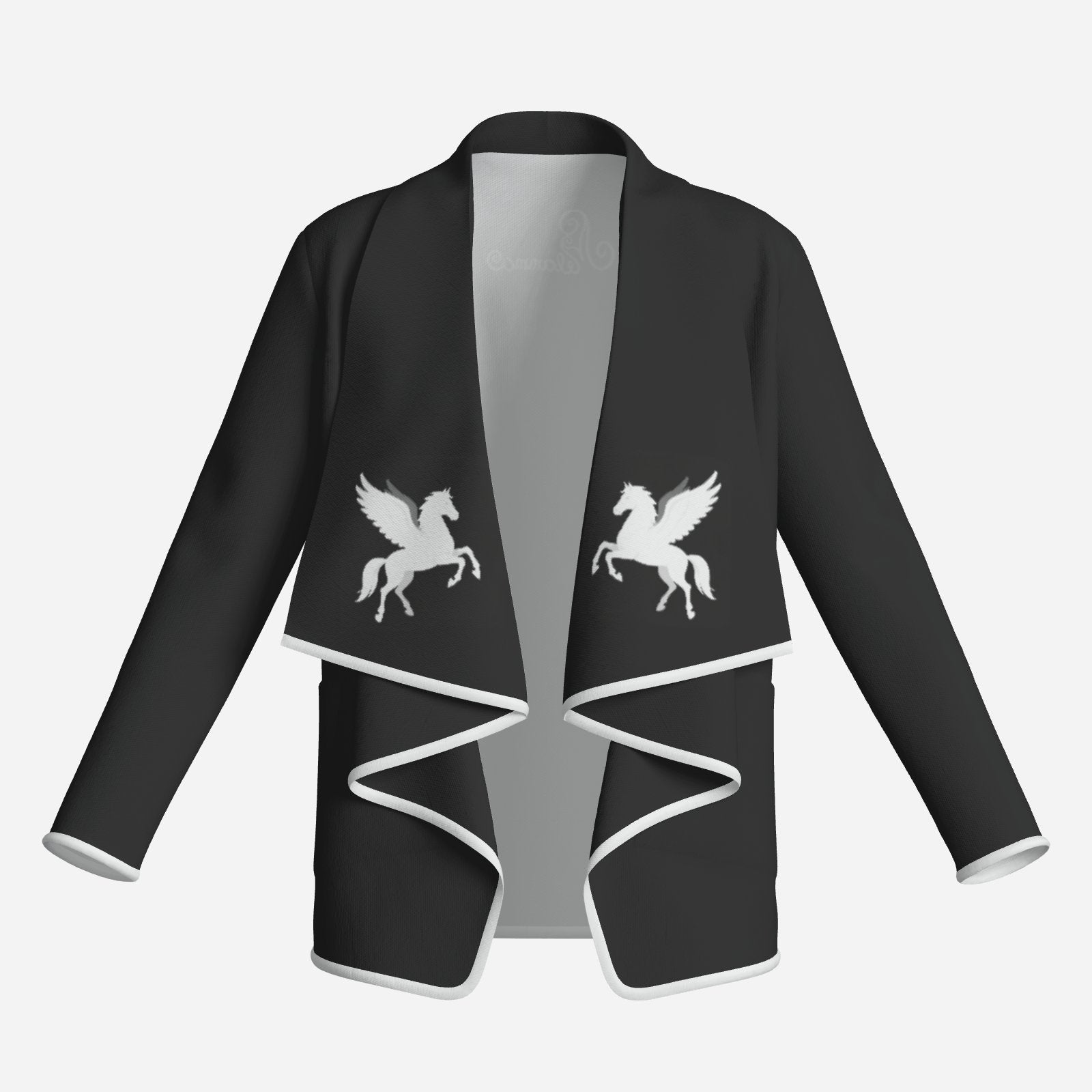 pegasus fashion cardigan designer unique black & white wearable art with mirror Pegasus motif, zig-zag white trim  Melammu logo exclusive chic