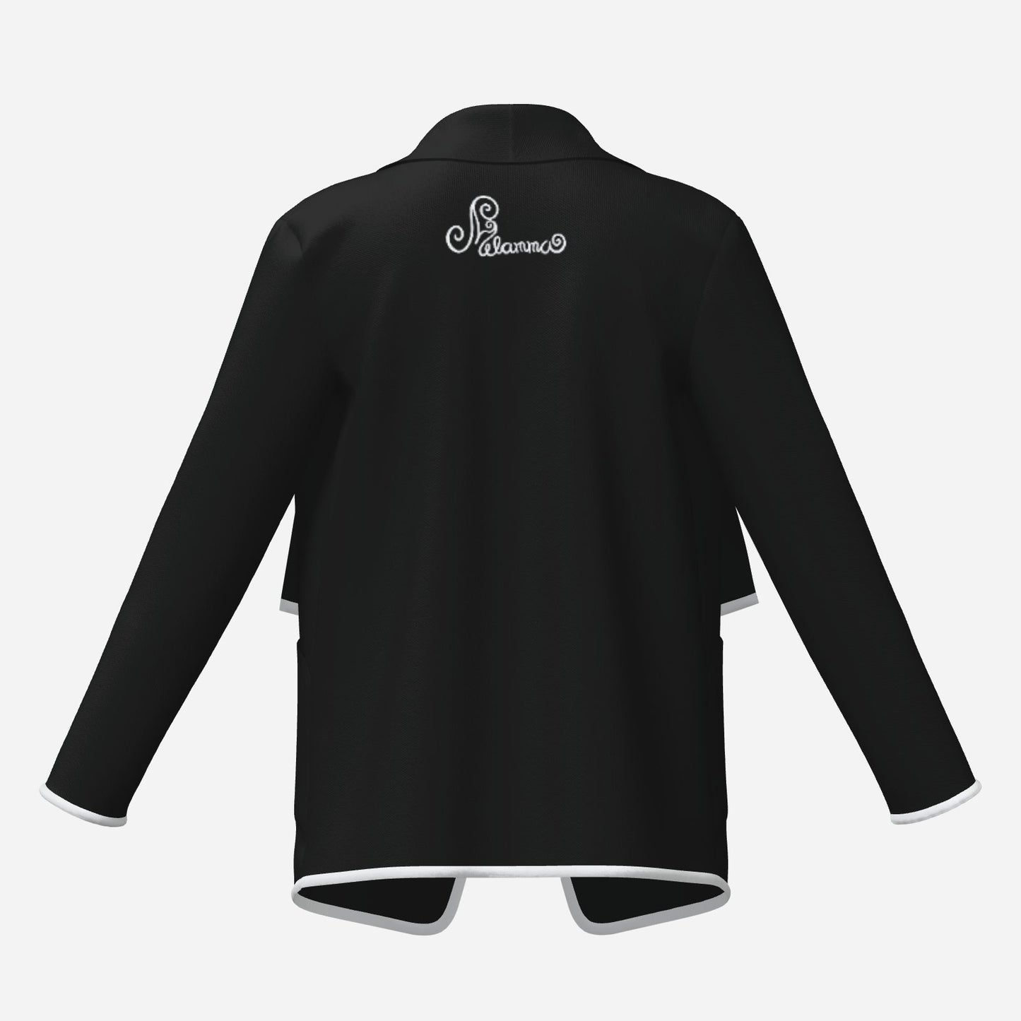 pegasus fashion cardigan designer unique black & white wearable art with mirror Pegasus motif, zig-zag white trim  Melammu logo exclusive chic