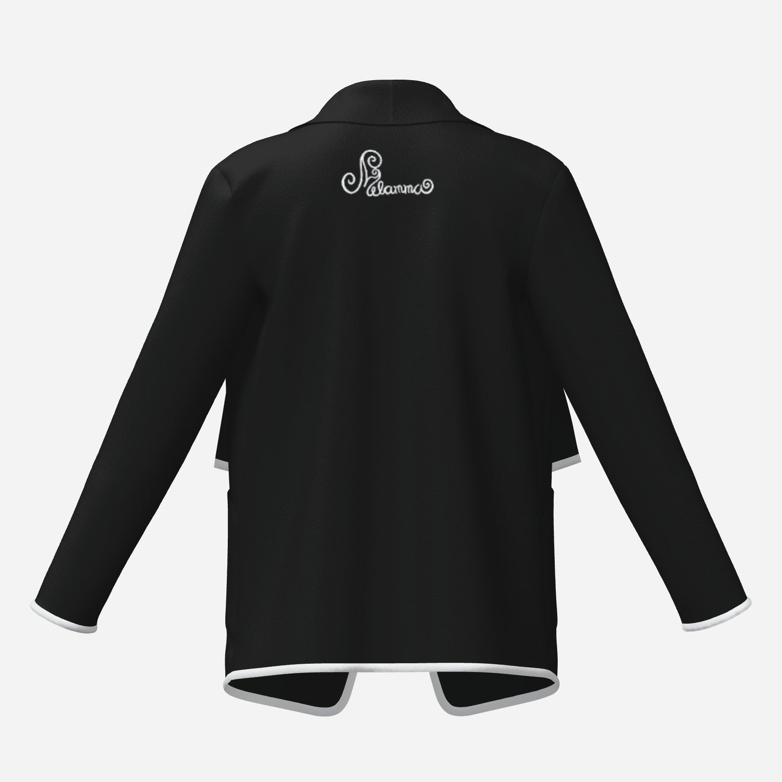 pegasus fashion cardigan designer unique black & white wearable art with mirror Pegasus motif, zig-zag white trim  Melammu logo exclusive chic