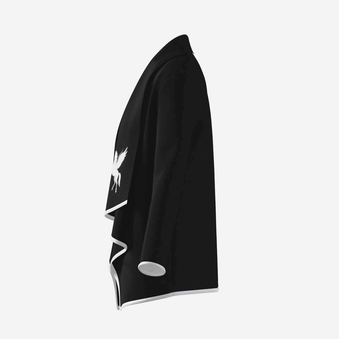 pegasus fashion cardigan designer unique black & white wearable art with mirror Pegasus motif, zig-zag white trim  Melammu logo exclusive chic