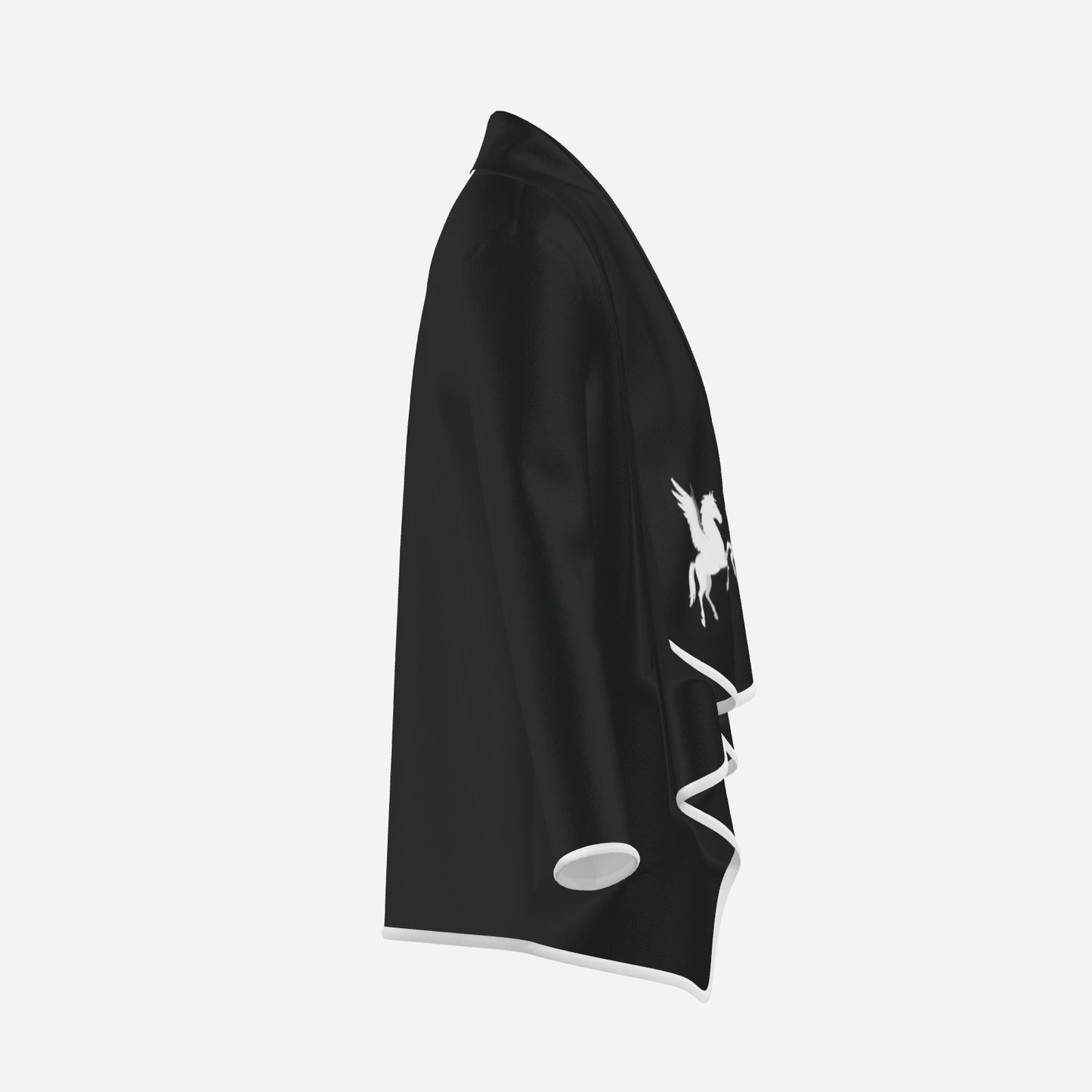 pegasus fashion cardigan designer unique black & white wearable art with mirror Pegasus motif, zig-zag white trim  Melammu logo exclusive chic