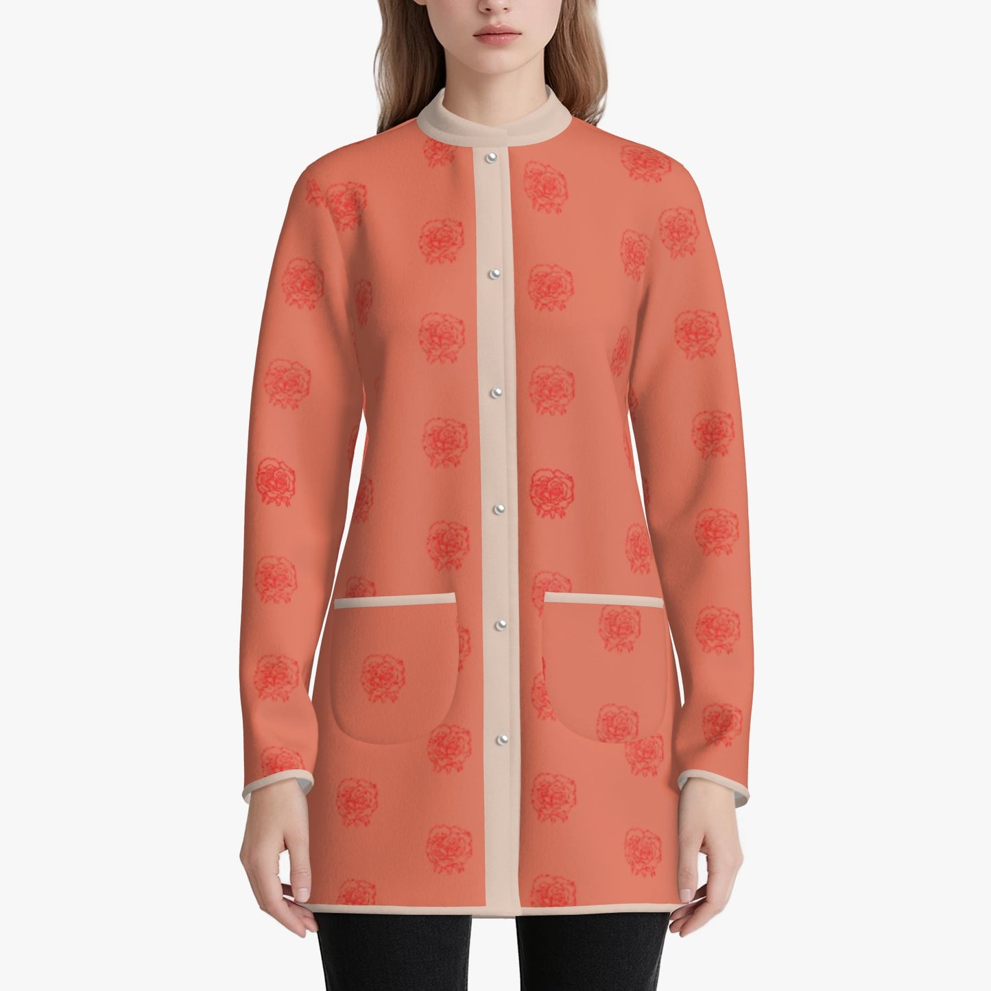 pearl button feminine designer Melammu Rose Half Drop Cardigan coat back view, long structured silhouette in salmon pink with rose print chic beautiful soulful soft trending