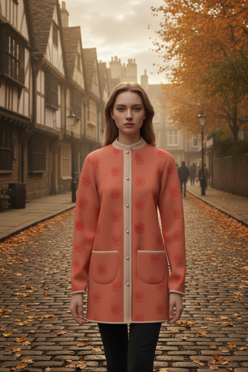 designer Melammu Rose Half Drop Cardigan coat back view, long structured silhouette in salmon pink with rose print chic beautiful soulful soft trending