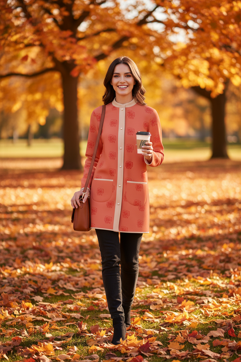 designer Melammu Rose Half Drop Cardigan coat back view, long structured silhouette in salmon pink with rose print chic beautiful soulful soft trending