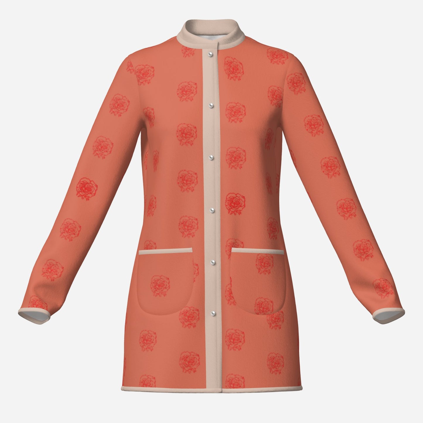 pearl button feminine designer Melammu Rose Half Drop Cardigan coat back view, long structured silhouette in salmon pink with rose print chic beautiful soulful soft trending