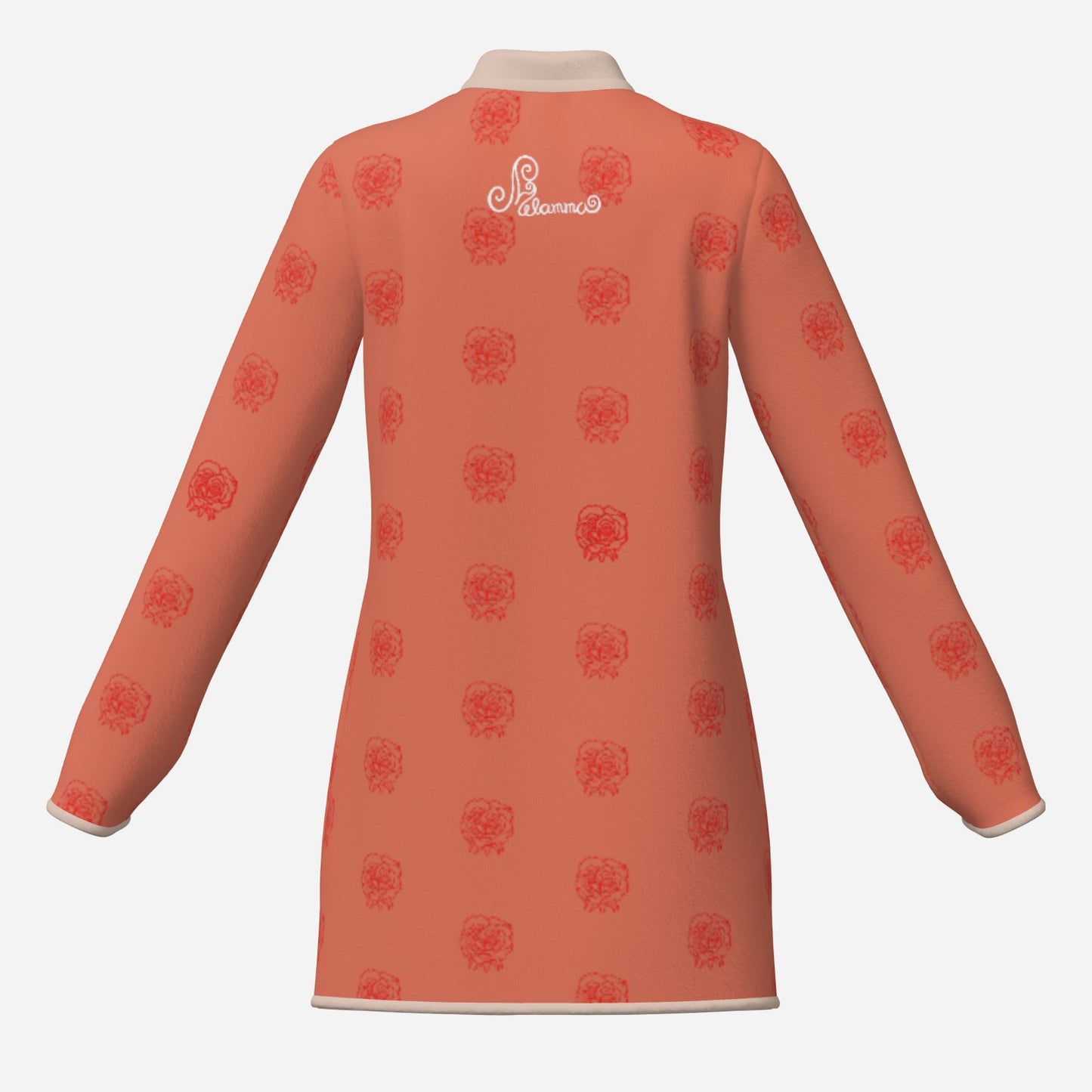 pearl button feminine designer Melammu Rose Half Drop Cardigan coat back view, long structured silhouette in salmon pink with rose print chic beautiful soulful soft trending