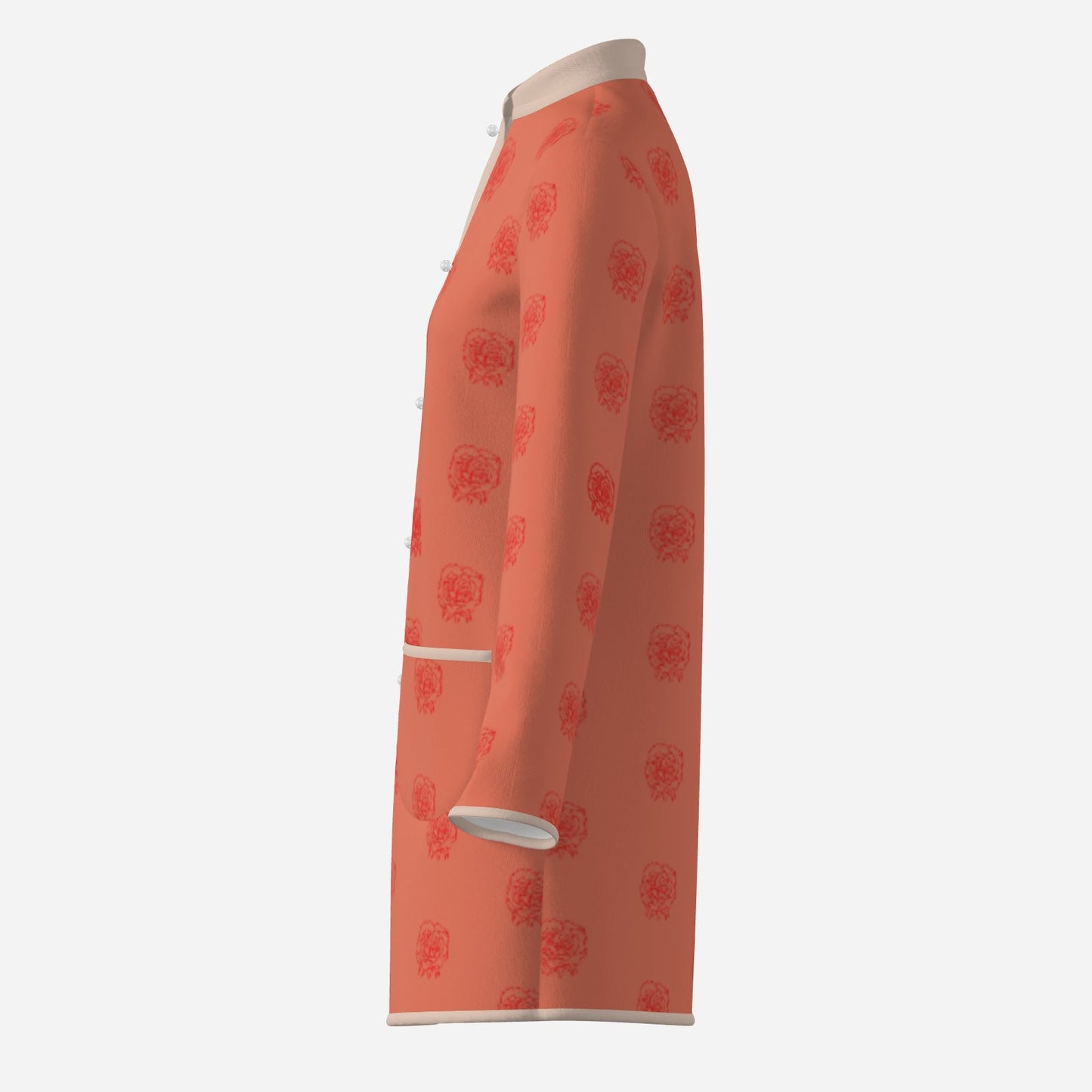 pearl button feminine designer Melammu Rose Half Drop Cardigan coat back view, long structured silhouette in salmon pink with rose print chic beautiful soulful soft trending