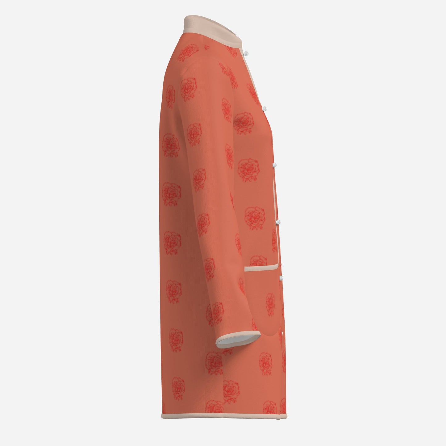pearl button feminine designer Melammu Rose Half Drop Cardigan coat back view, long structured silhouette in salmon pink with rose print chic beautiful soulful soft trending