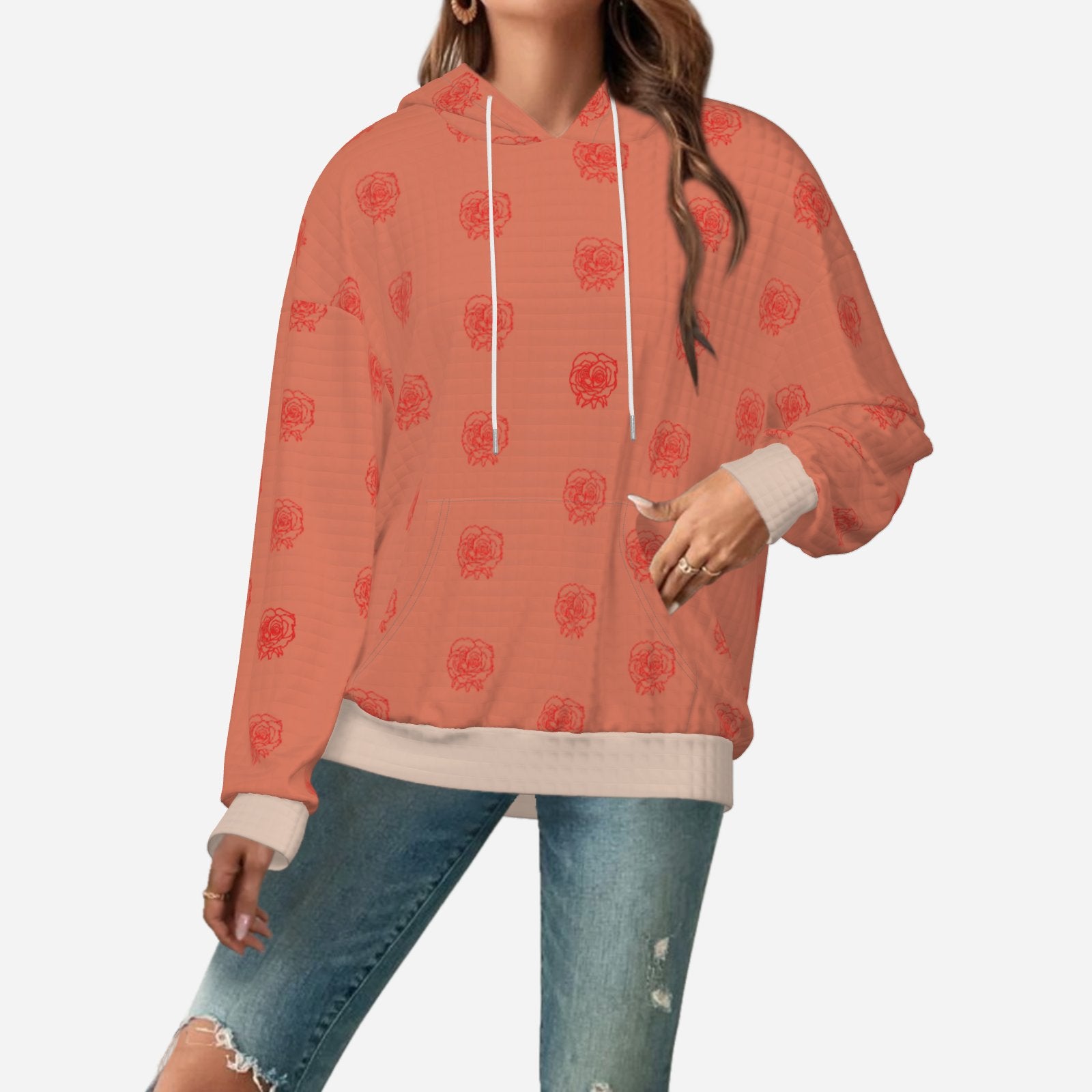 chic luxury cosy hoodie designer salmon pink exclusive Melammu rose line drawing in red, flowing across the fabric in a half-drop repeat wearable art Dusky pink trim