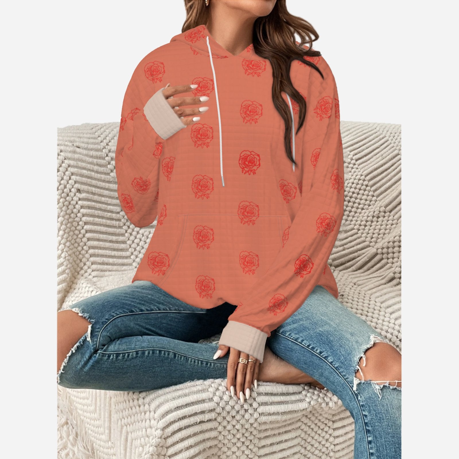  rose line drawing in red, flowing across the fabric in a half-drop repeat wearable art Dusky pink trim delicate knit fabric chic luxury cosy hoodie designer salmon pink exclusive Melammu