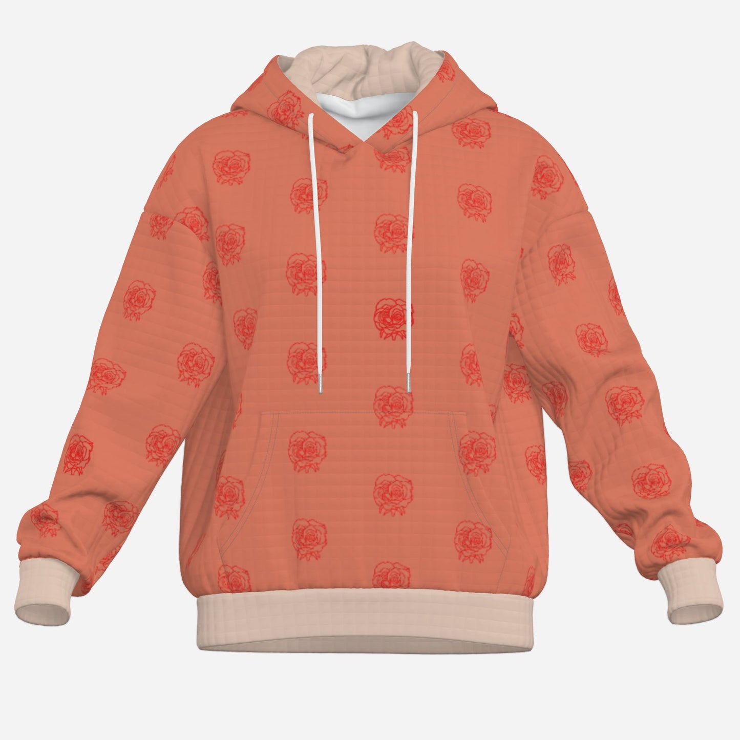 rose line drawing in red, flowing across the fabric in a half-drop repeat wearable art Dusky pink trim delicate knit fabric chic luxury cosy hoodie designer salmon pink exclusive Melammu