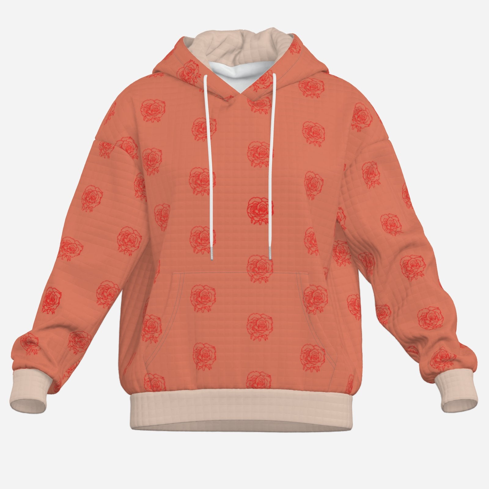 rose line drawing in red, flowing across the fabric in a half-drop repeat wearable art Dusky pink trim delicate knit fabric chic luxury cosy hoodie designer salmon pink exclusive Melammu