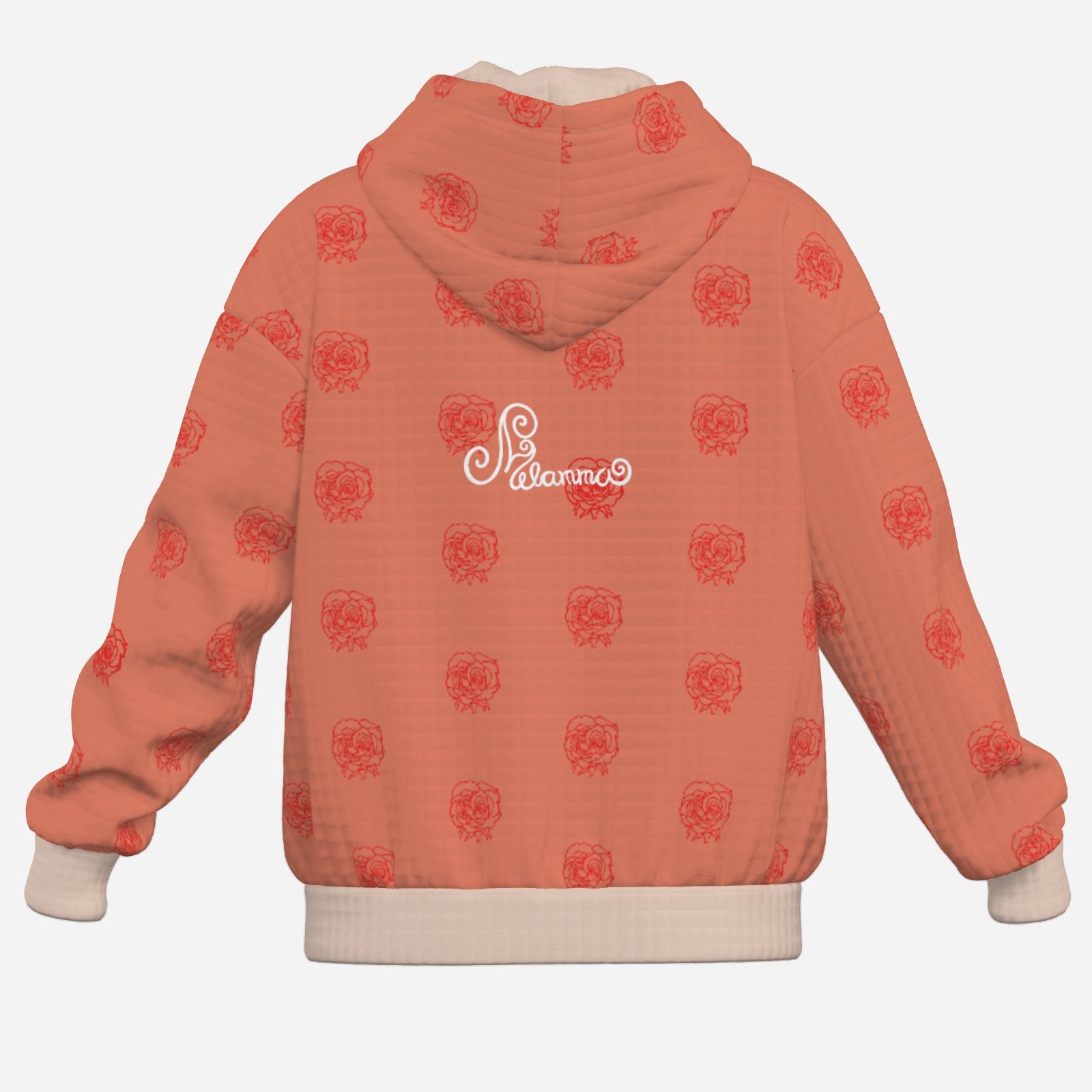 designer salmon pink exclusive Melammu rose line drawing in red warm wearable art Dusky pink trim delicate knit fabric chic luxury cosy hoodie 