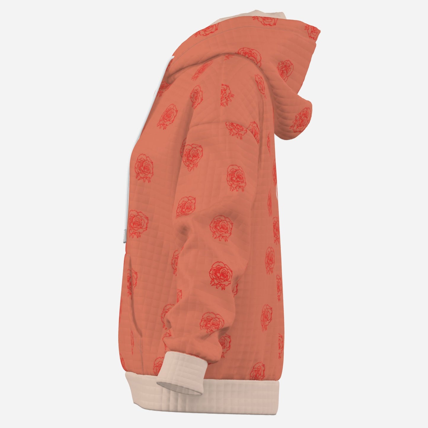 designer salmon pink exclusive Melammu rose line drawing in red warm wearable art Dusky pink trim delicate knit fabric chic luxury cosy hoodie 