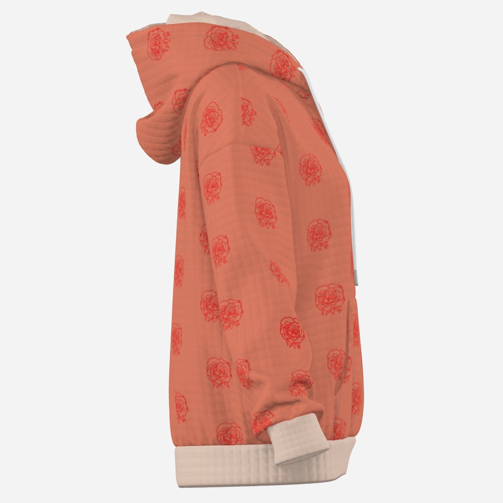 designer salmon pink exclusive Melammu rose line drawing in red warm wearable art Dusky pink trim delicate knit fabric chic luxury cosy hoodie 