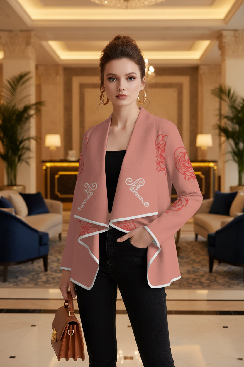 trending viral designer chic Double Rose Flow Cardigan by Melammu — dusky pink with bold double rose print, white zig-zag trim & mirrored logo writing Soft feminine meets rebel funk