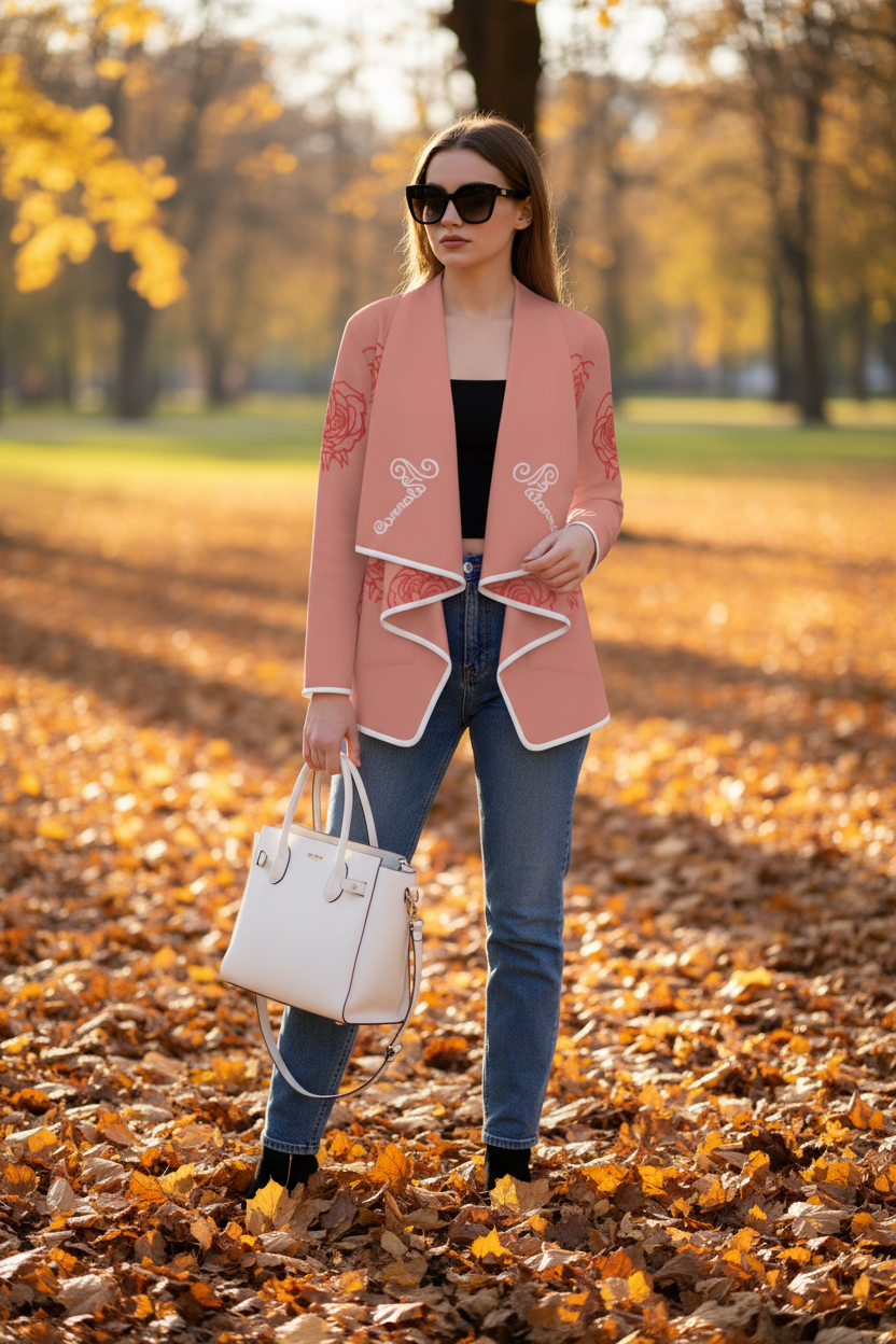 trending viral designer chic Double Rose Flow Cardigan by Melammu — dusky pink with bold double rose print, white zig-zag trim & mirrored logo writing Soft feminine meets rebel funk