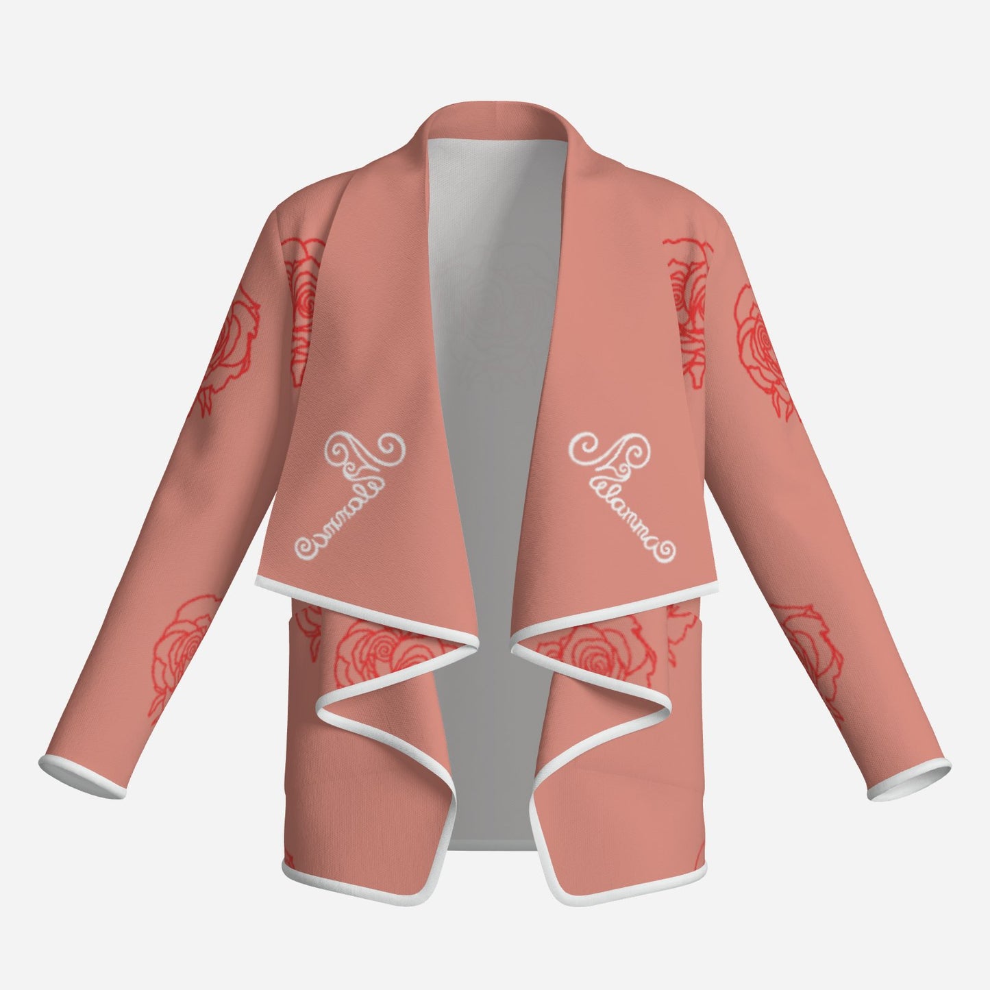 trending viral designer chic Double Rose Flow Cardigan by Melammu — dusky pink with bold double rose print, white zig-zag trim & mirrored logo writing Soft feminine meets rebel funk