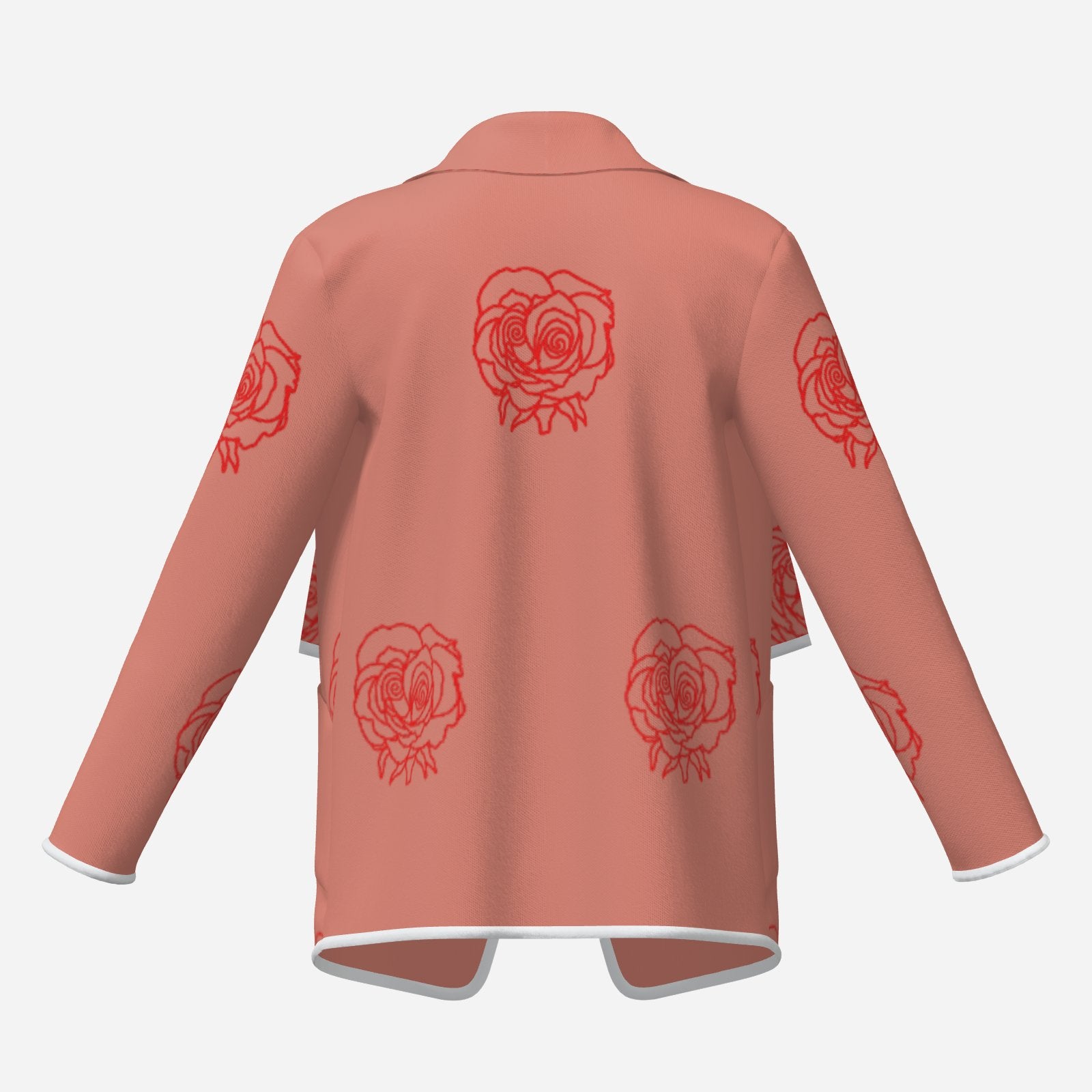 trending viral designer chic Double Rose Flow Cardigan by Melammu — dusky pink with bold double rose print, white zig-zag trim & mirrored logo writing Soft feminine meets rebel funk