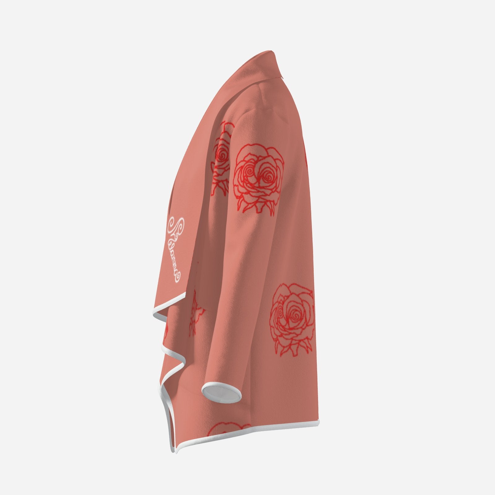 trending viral designer chic Double Rose Flow Cardigan by Melammu — dusky pink with bold double rose print, white zig-zag trim & mirrored logo writing Soft feminine meets rebel funk