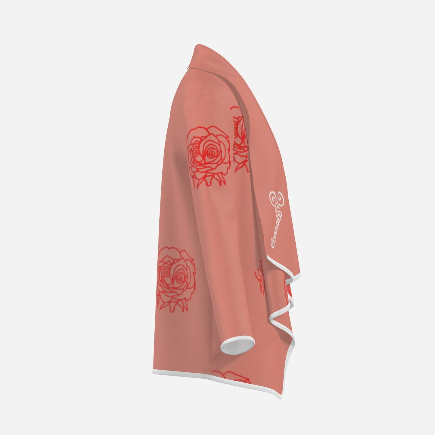 trending viral designer chic Double Rose Flow Cardigan by Melammu — dusky pink with bold double rose print, white zig-zag trim & mirrored logo writing Soft feminine meets rebel funk