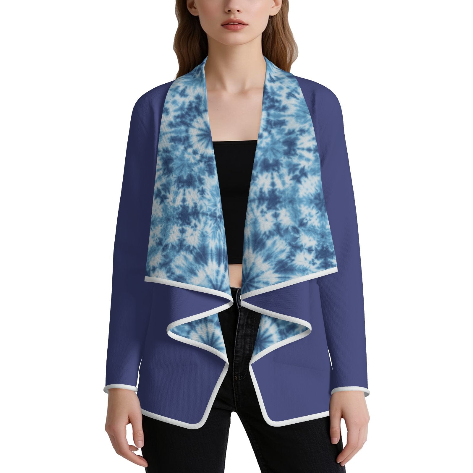 designer Navy cardigan with a vibrant tie-dye interior lining, Pegasus mirror motif and Melammu logo at the upper back. White trim, relaxed fit, sizes S–6XL. Perfect for festivals, parties and elevated casual looks.