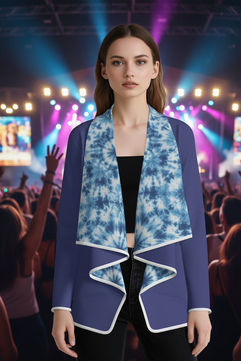 Navy cardigan with a vibrant tie-dye interior lining, Pegasus mirror motif and Melammu logo at the upper back. White trim, relaxed fit, sizes S–6XL. Perfect for festivals, parties and elevated casual looks.