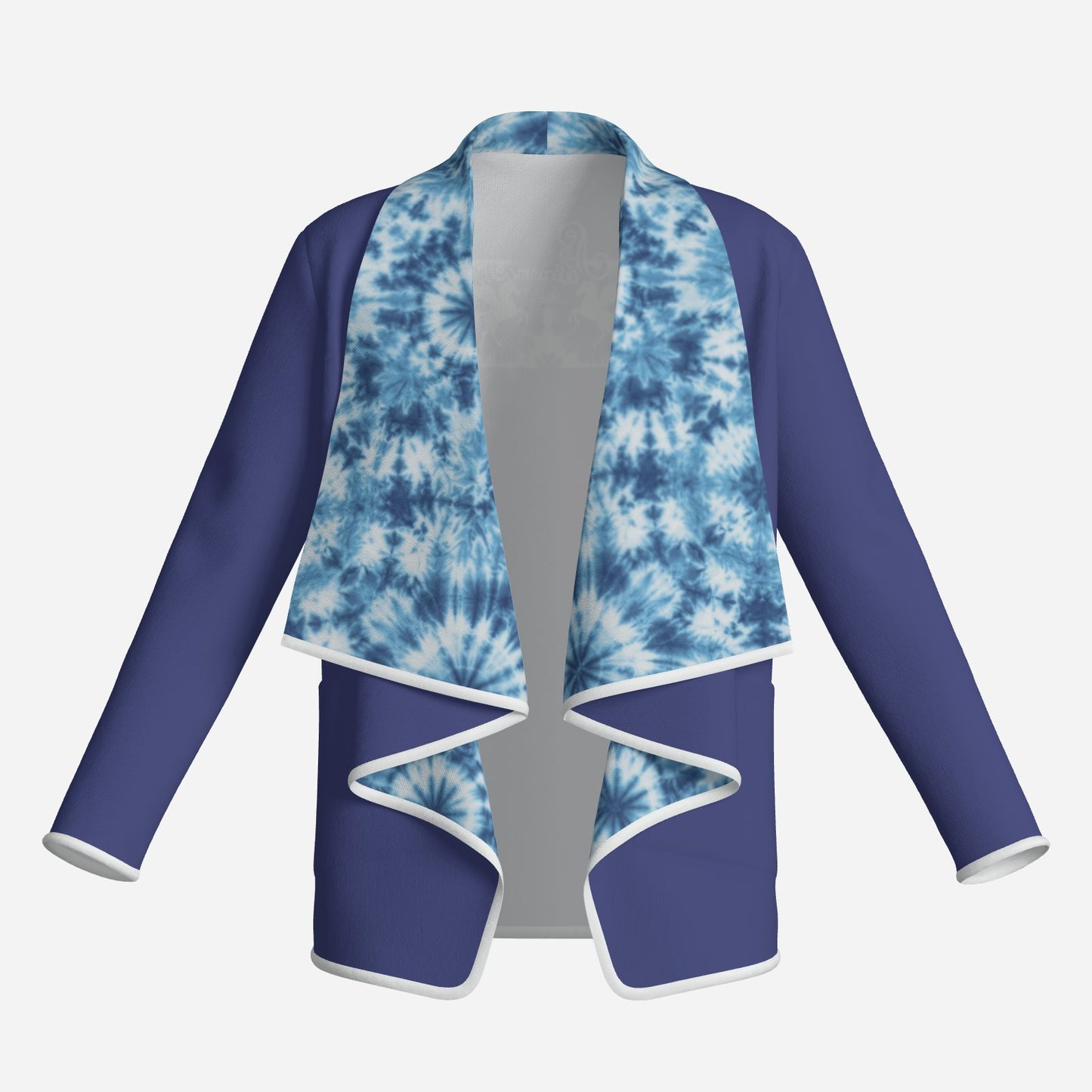 designer Navy cardigan with a vibrant tie-dye interior lining, Pegasus mirror motif and Melammu logo at the upper back. White trim, relaxed fit, sizes S–6XL. Perfect for festivals, parties and elevated casual looks.