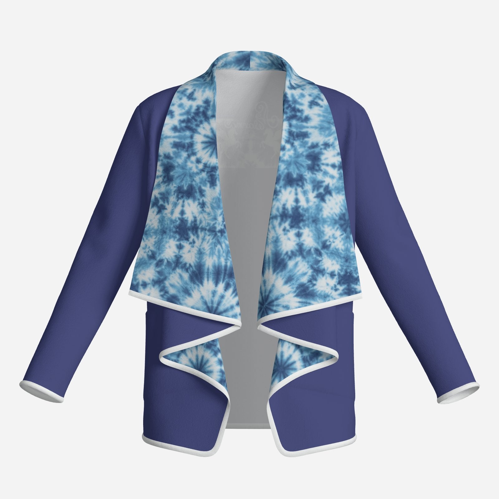 designer Navy cardigan with a vibrant tie-dye interior lining, Pegasus mirror motif and Melammu logo at the upper back. White trim, relaxed fit, sizes S–6XL. Perfect for festivals, parties and elevated casual looks.