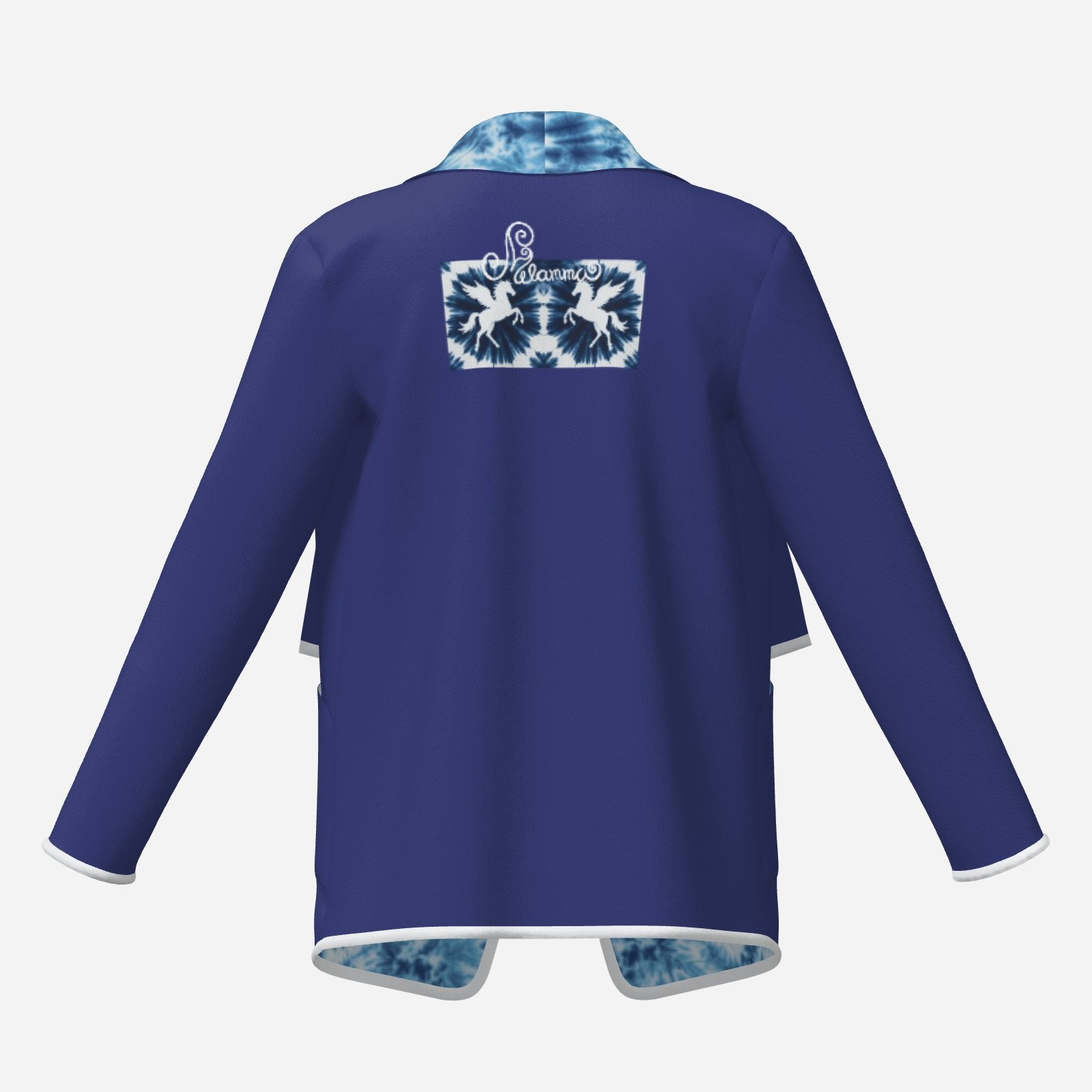 designer Navy cardigan with a vibrant tie-dye interior lining, Pegasus mirror motif and Melammu logo at the upper back. White trim, relaxed fit, sizes S–6XL. Perfect for festivals, parties and elevated casual looks.